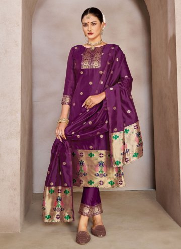 Tafeta Silk Trendy Salwar Kameez in Purple Enhanced with Jacquard Work