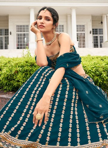 Teal A Line Lehenga Choli in Faux Georgette with Embroidered