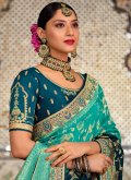 Teal and Turquoise Shaded Saree in Silk with Woven - 1