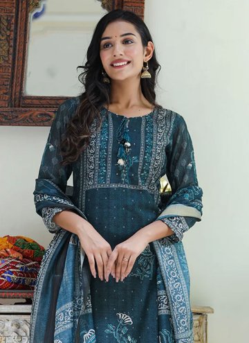 Teal Chanderi Printed Designer Straight Salwar Suit for Engagement