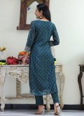 Teal Chanderi Printed Designer Straight Salwar Suit for Engagement - 2