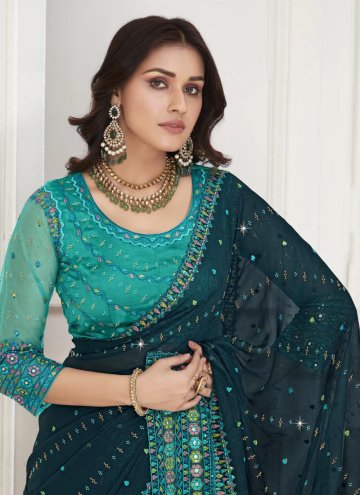 Teal Chiffon Embroidered Trendy Saree for Party