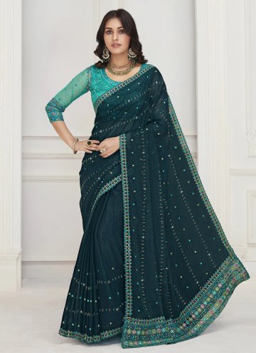 Teal Chiffon Embroidered Trendy Saree for Party