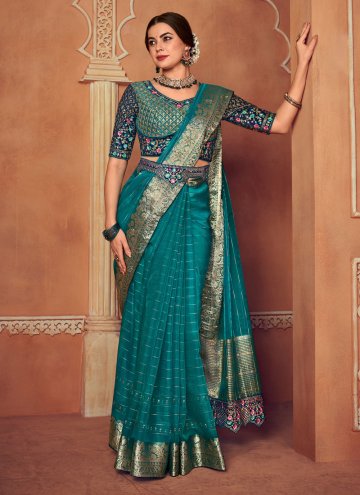 Teal Classic Designer Saree in Organza with Embroidered