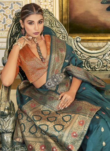 Teal Classic Designer Saree in Organza with Woven