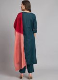 Teal color Blended Cotton Pant Style Suit with Embroidered - 2