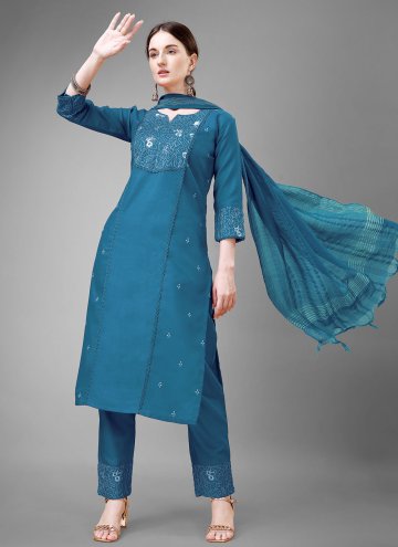 Teal color Blended Cotton Trendy Salwar Kameez wit
