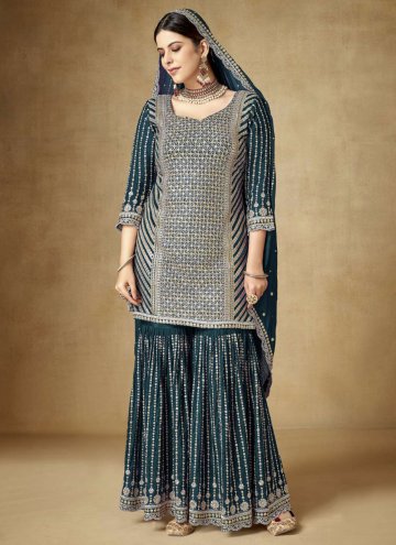 Teal color Chinon Salwar Suit with Embroidered
