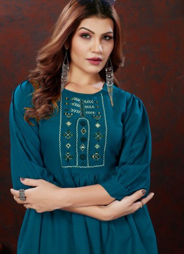 Teal color Cotton  Designer Kurti with Embroidered