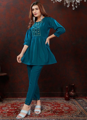 Teal color Cotton  Designer Kurti with Embroidered