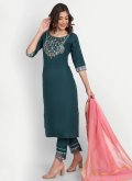 Teal color Cotton  Pant Style Suit with Embroidered - 2