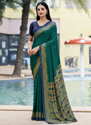 Teal color Crepe Silk Designer Saree with Printed