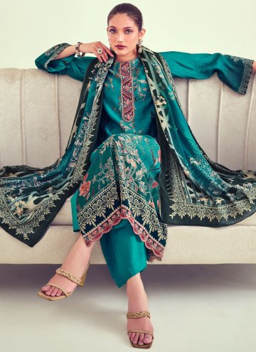 Teal color Digital Print Muslin Salwar Suit