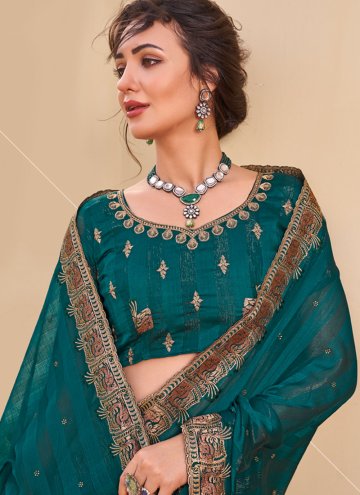 Teal color Embroidered Art Silk Contemporary Saree