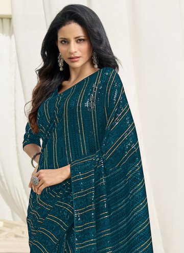 Teal color Embroidered Georgette Contemporary Saree