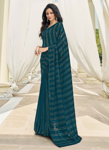 Teal color Embroidered Georgette Contemporary Sare