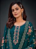 Teal color Embroidered Georgette Pant Style Suit - 1