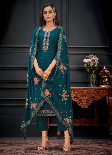 Teal color Embroidered Georgette Pant Style Suit