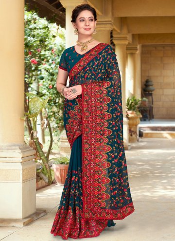 Teal color Embroidered Georgette Trendy Saree