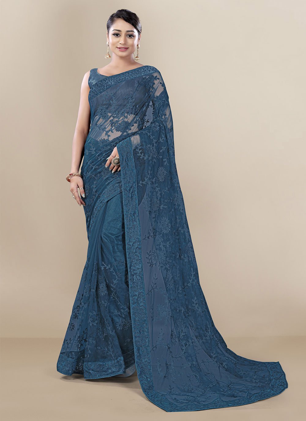Teal color Embroidered Net Contemporary Saree