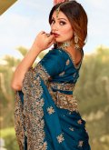 Teal color Embroidered Satin Contemporary Saree - 1