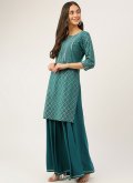 Teal color Foil Print Crepe Silk Salwar Suit - 3