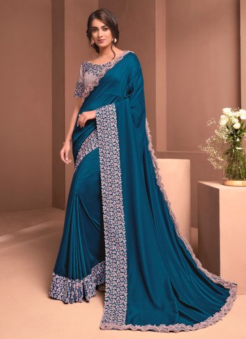 Teal color Georgette Contemporary Saree with Embro