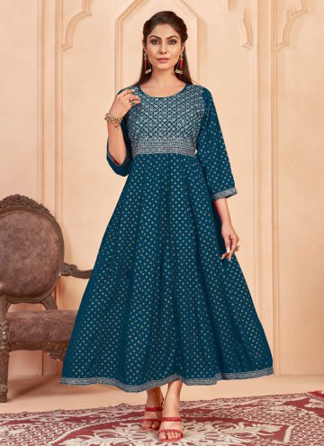 Teal color Rayon Readymade Designer Gown with Embr