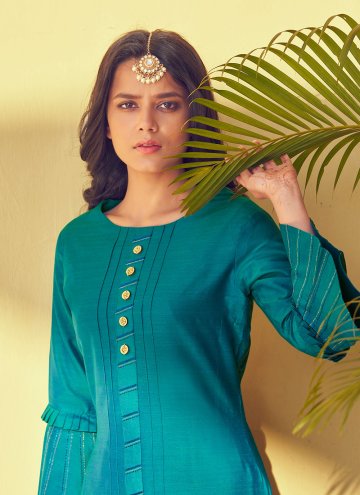 Teal color Silk Casual Kurti with Embroidered