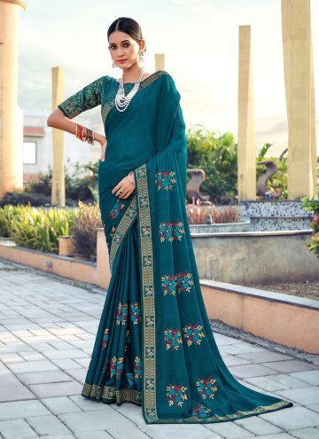 Teal color Silk Contemporary Saree with Printed