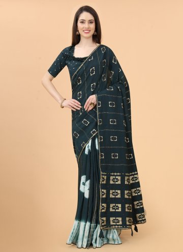 Teal color Silk Designer Saree with Printed