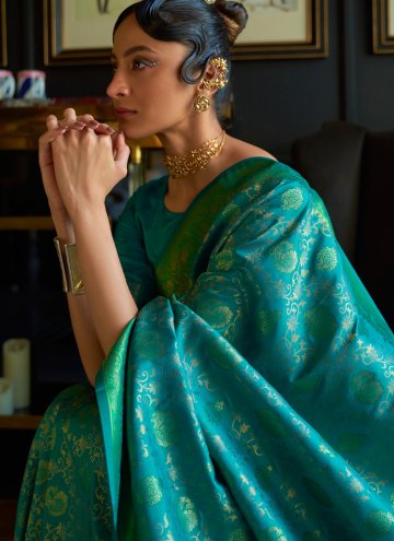 Teal color Silk Designer Saree with Woven