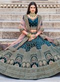 Teal color Velvet Designer Lehenga Choli with Dori Work - 2