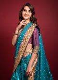 Teal color Woven Silk Classic Designer Saree - 1