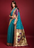 Teal color Woven Silk Classic Designer Saree - 2