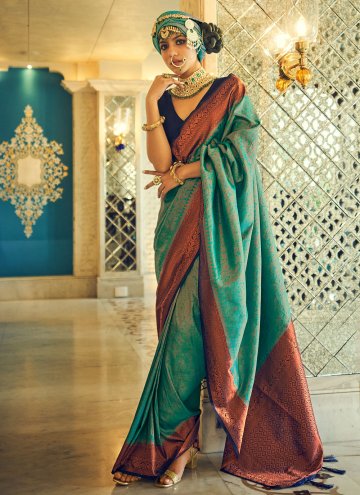Teal color Woven Silk Trendy Saree