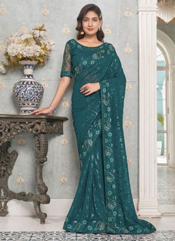 Teal Contemporary Saree in Faux Georgette with Emb