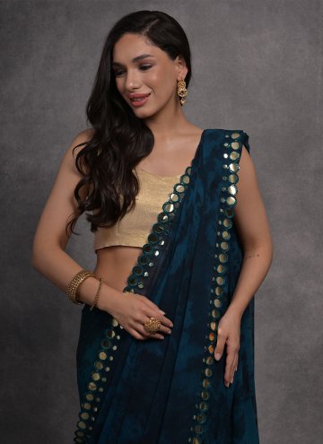 Teal Contemporary Saree in Georgette with Mirror Work