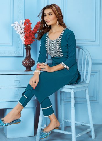 Teal Cotton  Embroidered Casual Kurti