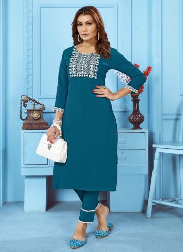 Teal Cotton  Embroidered Casual Kurti
