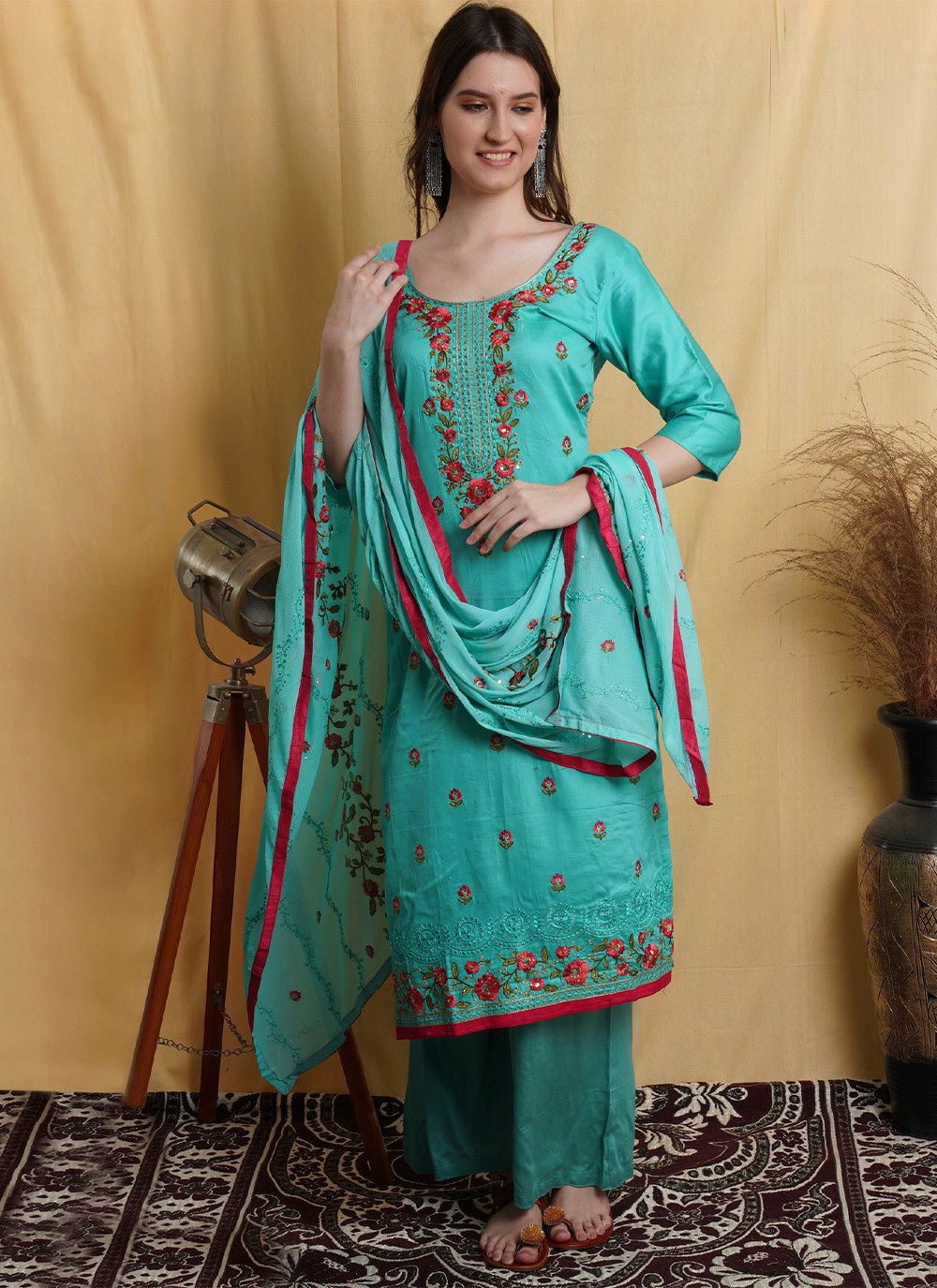 Teal Cotton  Resham Work Palazzo Suit for Party