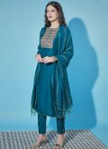 Teal Cotton Silk Embroidered Salwar Suit for Festival - 2