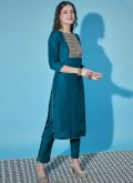 Teal Cotton Silk Embroidered Salwar Suit for Festival - 3