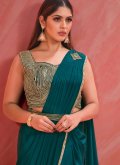 Teal Crepe Silk Embroidered Contemporary Saree for Party - 1