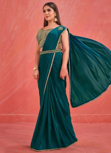 Teal Crepe Silk Embroidered Contemporary Saree for