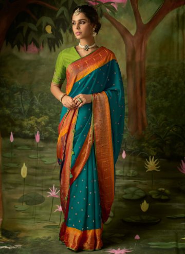 Teal Designer Saree in Brasso with Woven