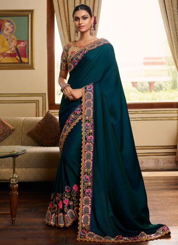 Teal Designer Saree in Silk with Embroidered