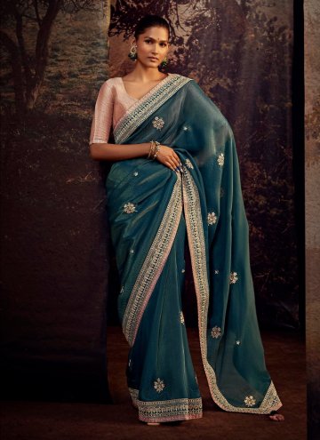 Teal Fancy Fabric Border Trendy Saree for Engagement