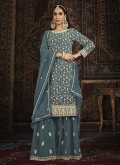 Teal Faux Georgette Embroidered Palazzo Suit for Ceremonial - 2
