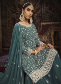 Teal Faux Georgette Embroidered Palazzo Suit for Ceremonial - 3